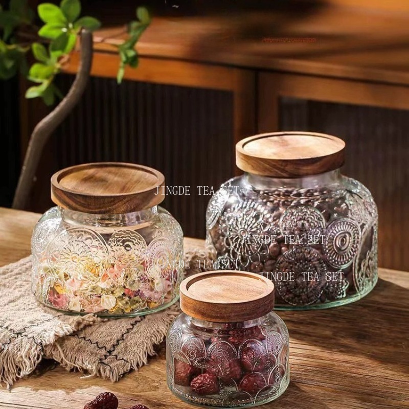 Embossed Glass Storage Jar Woo - Food Storage Jars With Wooden Lids review and price